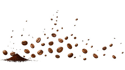 Flying coffee beans and coffee grounds scattered in the air isolated on a transparent background