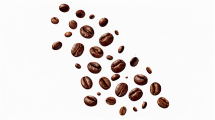 Flying coffee beans and coffee grounds scattered in the air isolated on a transparent background