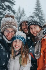 A Four smiling family members celebrate snowy vacation