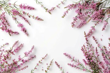 Frame of heather branches with beautiful flowers on white background