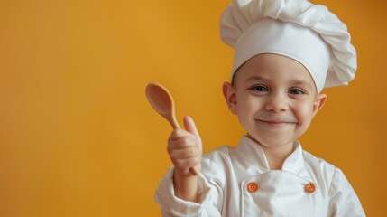 Cute little professional chef with ladle showing thumb