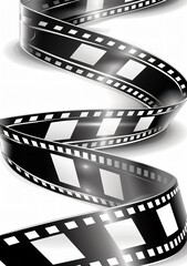 A black and white filmstrip is curled and displayed against a white background