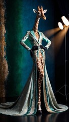 Artistic portrait photography of an anthropomorphic giraffe, a high-fashion model,