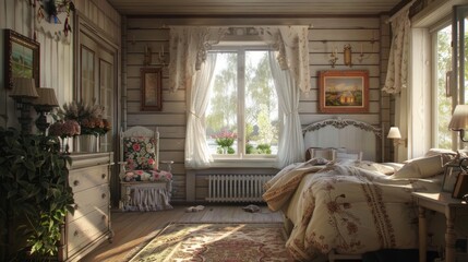 room in a country house with garden views generative ai