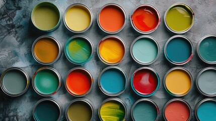 Top view of open multi colored paint cans on gray backdrop