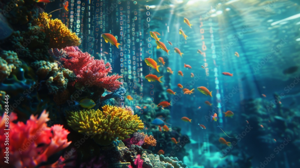 Poster Colorful coral and a school of fish swim through turquoise water with binary code flowing through the scene.