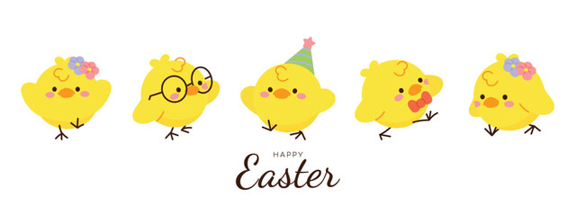 Happy Easter doodle hand drawn background vector. Cute Chick wallpaper of with yellow chicks in different pose, flower, easter element. Chicken illustration for clipart, sticker, card. © TinyBell