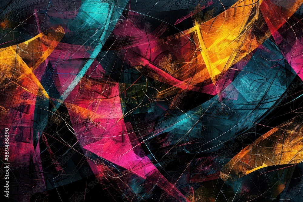 Poster vibrant abstract backdrop colorful geometric shapes and dynamic lines on black background digital pa