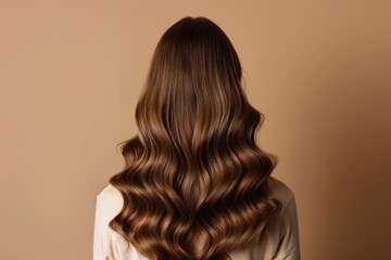 Fototapeta premium Hair styling. Woman with wavy long hair on brown background