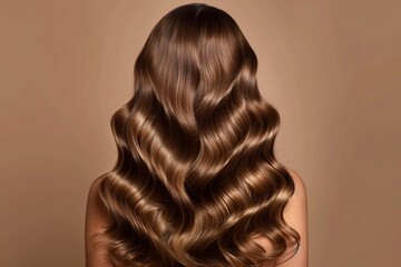 Fototapeta premium Hair styling. Woman with wavy long hair on brown background