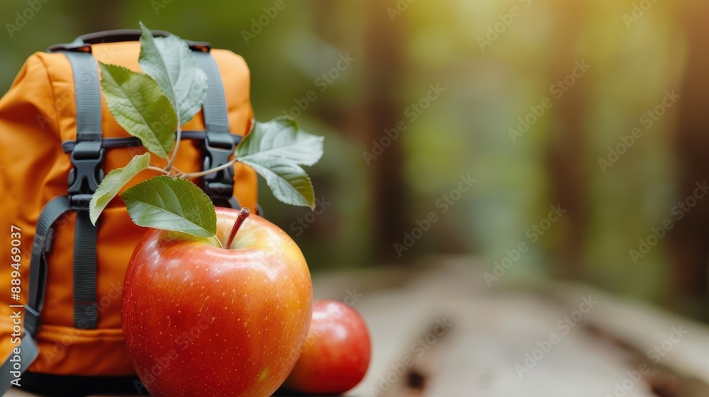 Poster a vivid image displaying an apple with leaves placed next to an orange backpack in a forest setting,