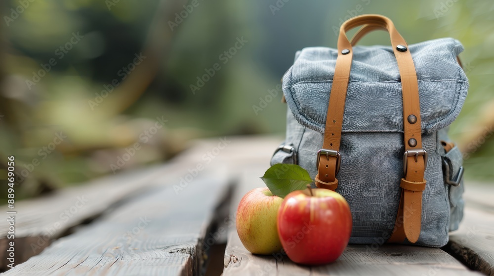 Poster a visually appealing image of two apples placed beside a blue backpack on a wooden path, creating a 