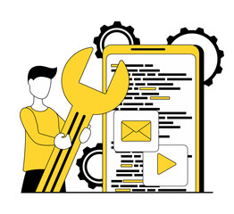 App development. A programmer developer creates an application on the phone. A man holding a wrench