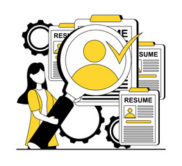 Human resources. The girl is looking at the resume through a magnifying glass. She's looking for staff