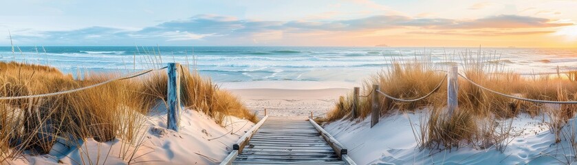 A wooden boardwalk leads to the ocean. The beach is sandy and the water is calm. The sky is blue and there are no clouds