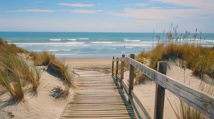 A wooden boardwalk leads to the ocean. The beach is sandy and the water is calm. The sky is blue and there are no clouds