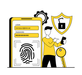Cyber security. Man unlocks phone with fingerprint