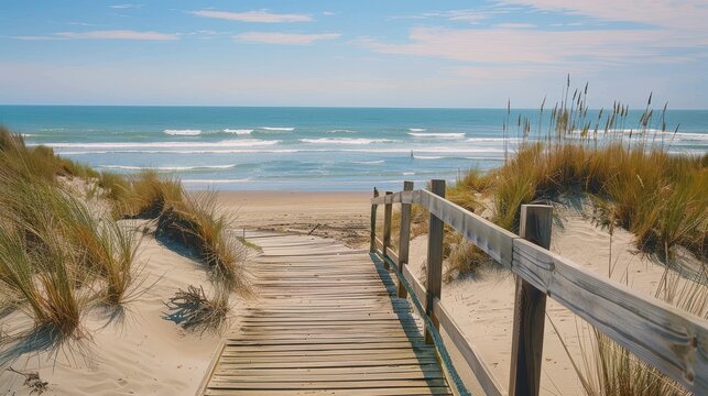 A wooden boardwalk leads to the ocean. The beach is sandy and the water is calm. The sky is blue and there are no clouds