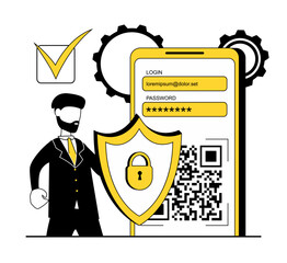 Cyber security. Businessman protects his data and phone with a shield