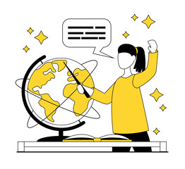 Education. The girl points to a globe with a pointer and talks about geography