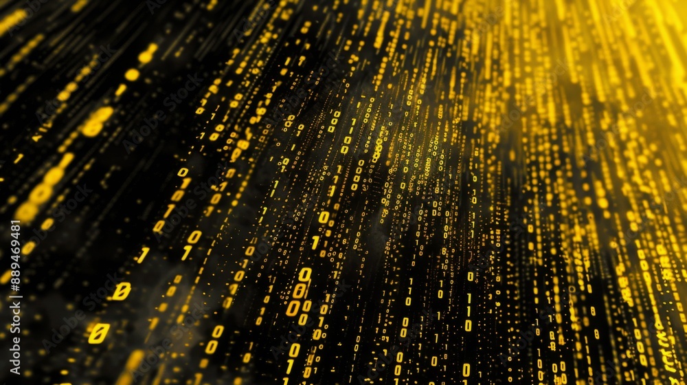 Poster Golden binary code falls down a black background, creating a digital rain effect.