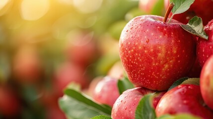 A vivid close-up of multiple red apples growing on a tree, surrounded by green leaves, capturing the freshness and abundance of a fruitful harvest in nature.