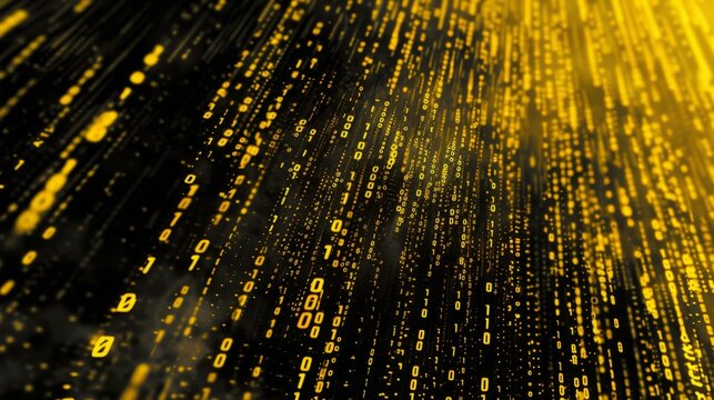 Golden binary code falls down a black background, creating a digital rain effect.