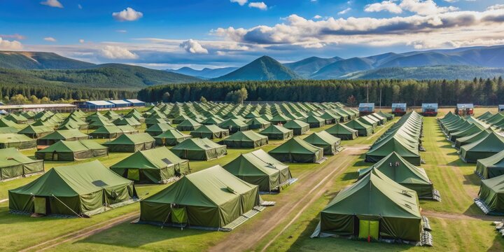 A vast military base camp sprawls across the natural landscape, featuring rows of large green tents, equipment, and infrastructure, surrounded by serene wilderness.