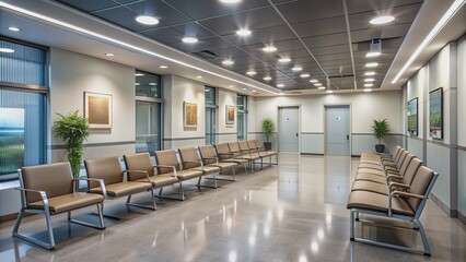 Rows of vacant chairs line the sterile waiting area of a hospital or clinic, illuminated by soft overhead lighting, with informative posters on the walls.