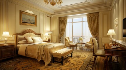 Luxury hotel room with elegant decor and stunning views generative ai
