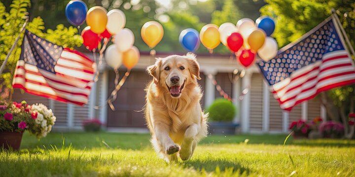 Joyful Golden Retriever surrounded by patriotic decorations, flags, and balloons, running freely in a sun-kissed backyard, capturing the essence of Independence Day celebrations. - Powered by Adobe