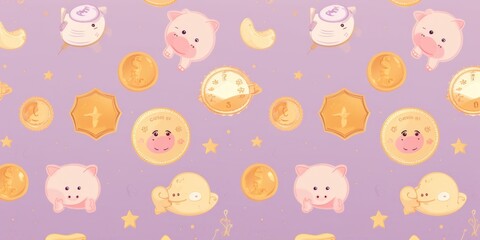 Playful Piggy Banks and Golden Coins Pattern for Children's Financial Education on Light Purple Background