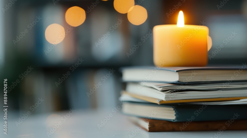 Poster a softly focused image showing a stack of books with a lit candle placed on top, creating a calm and
