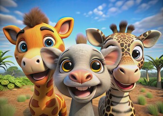 Adorable trio of 3D cartoon animals with bright smiling faces gaze directly at the camera against a realistic safari wildlife background, shot with an ultra-wide angle lens.