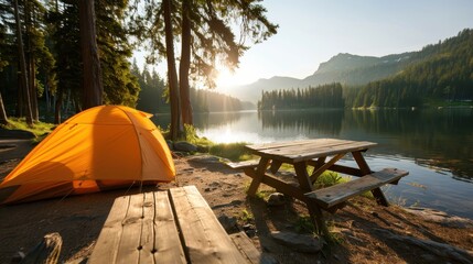 A calm lakeside camp showing an orange tent and picnic table, surrounded by trees with mountains in the background, perfect for serene outdoor camping and relaxation.