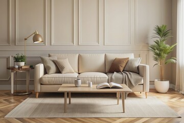 Fototapeta premium Cozy light beige interior mockup featuring a plush sofa, coffee table, and opened book in a warm living room with empty wall space, inviting relaxation.