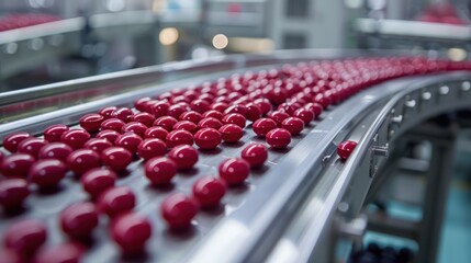 Obraz premium Red pill production and packaging in a pharmaceutical factory