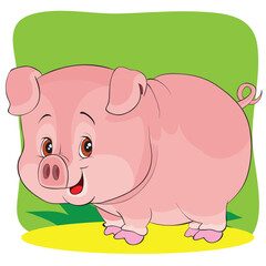 cartoon pink pig on a green and yellow background.