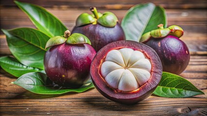 Ripe purple mangosteen fruit split open revealing soft white interior and segments, surrounded by leafy greens and wooden background with natural warm lighting.