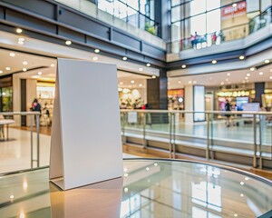 Empty modern shopping mall stand displays blank booklet mockup on acrylic tent card table, surrounded by sleek surfaces, awaiting custom menu or brochure design insertion.