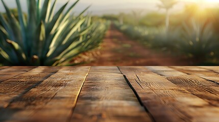 close up of rustic empty wooden table with blurred mexican agave field farm background