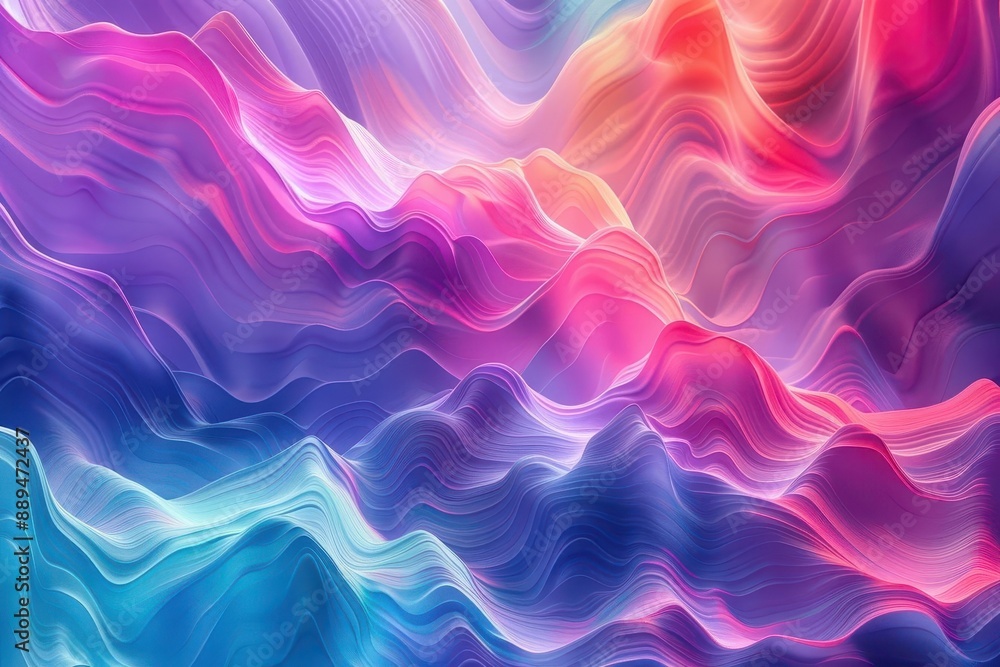 Poster vibrant digital landscape of undulating color waves blending neon hues with pastel gradients abstrac