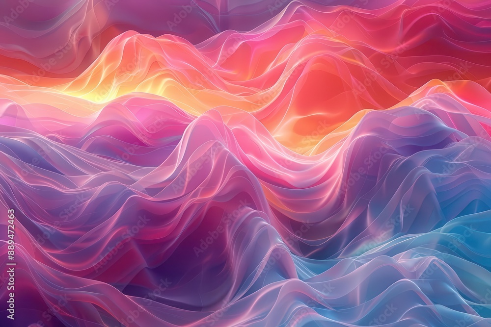 Poster vibrant digital landscape of undulating color waves blending neon hues with pastel gradients abstrac