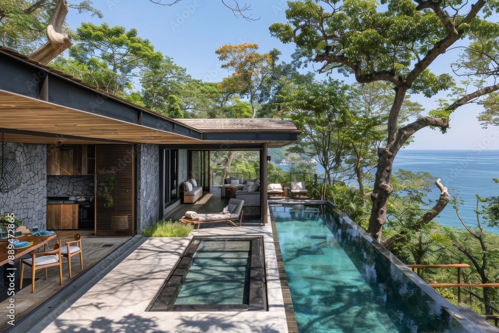 Poster modern villa with pool and mountain view serene and vibrant artistic scene inviting setting luxuriou