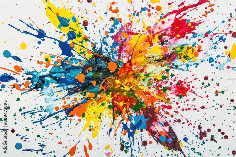 Poster vibrant explosion of multicolored paint splatters frozen in midair against pristine white background
