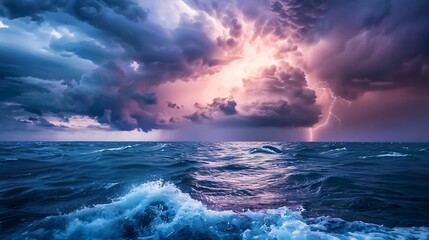 A lightning bolt strikes through dark storm clouds over a vast expanse of choppy ocean waves