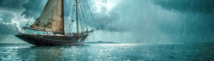 A large ship is sailing in the ocean with rain pouring down on it. Scene is dark and ominous, as the stormy weather and the size of the ship create a sense of danger and adventure