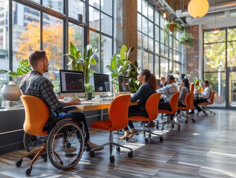 Embracing Diversity in the Workplace: Person in Wheelchair Working with Colleagues in an Inclusive Environment - Powered by Adobe