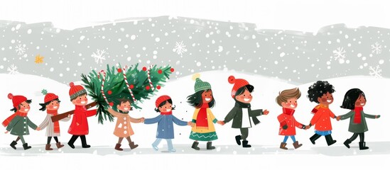 Children carry a Christmas tree together. Christmas and Happy New Year card