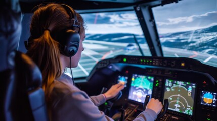A trainee pilot operating a flight simulator